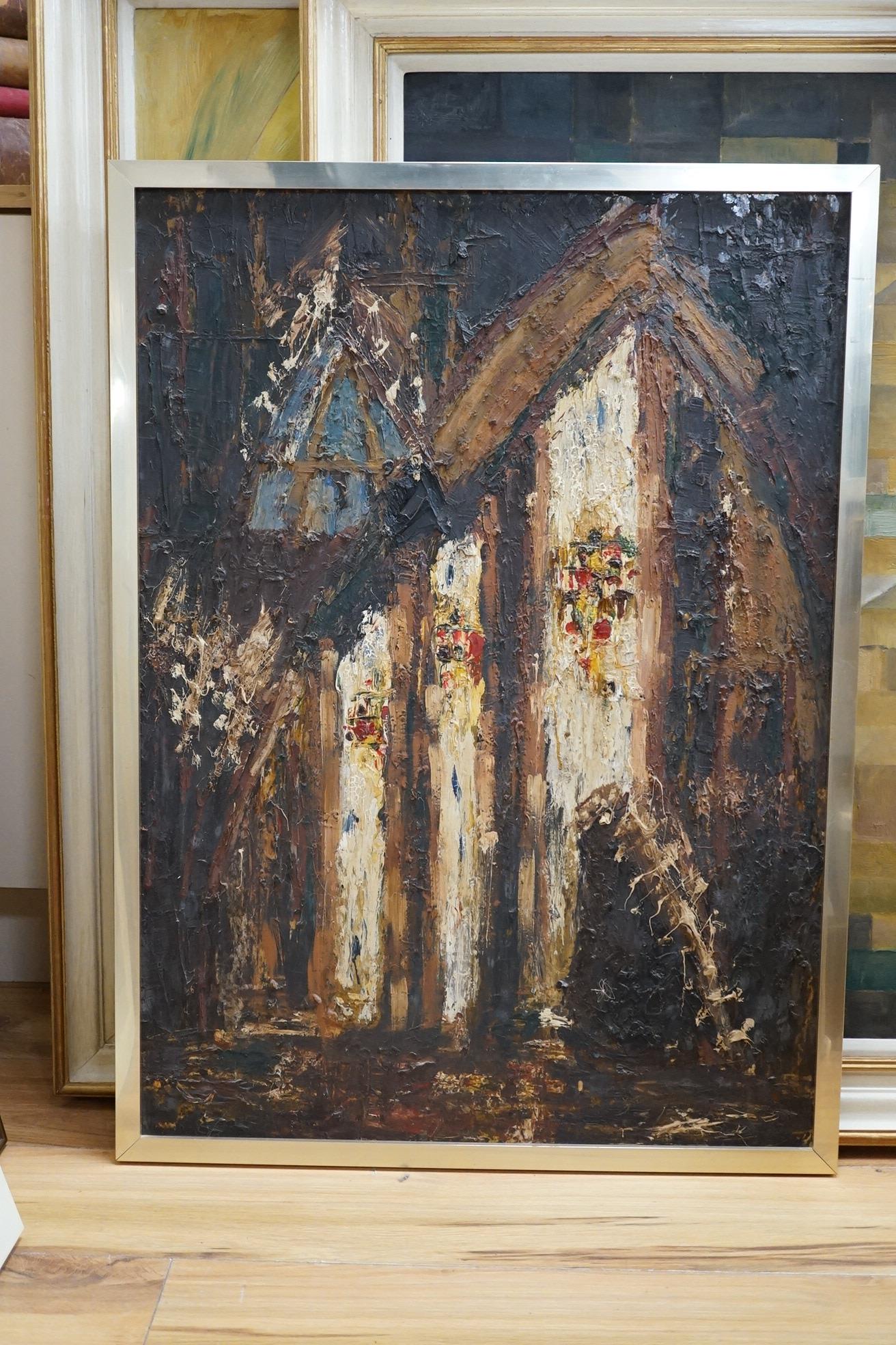R. H. Barnard (American, 20th. C), three abstract oils on board to include an impasto example, one signed and dated 1961, largest 90 x 73cm. Condition - fair to good